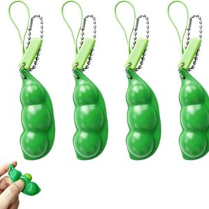 4 Stück Fidget Toys, Squeeze Bean Schlüsselanhänger, Squishy Erbsenkapsel Stress Spielzeug, Stimming Toys Erwachsene, quishy Sojabohnen Anhänger für Reduziert Angst und Stres(Grün)